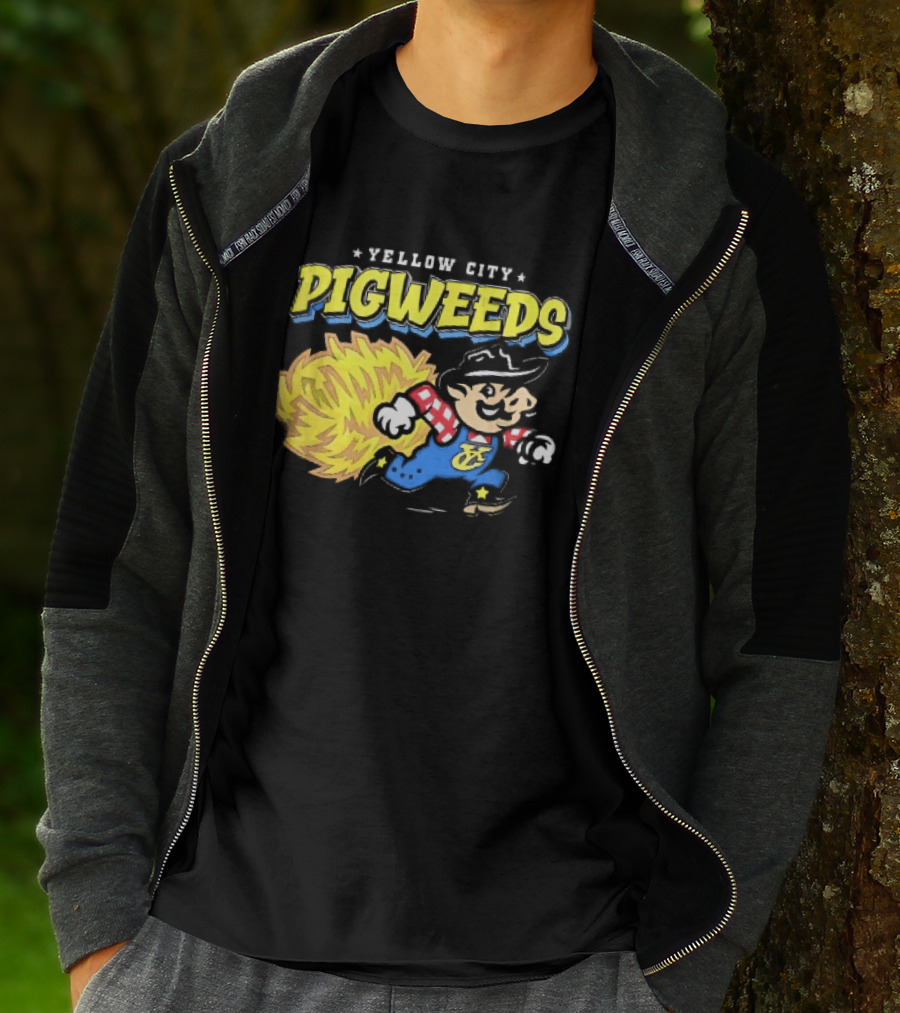 Yellow City Pigweeds Cartoon Cowboy Overalls Tumbleweed Running T-Shirt