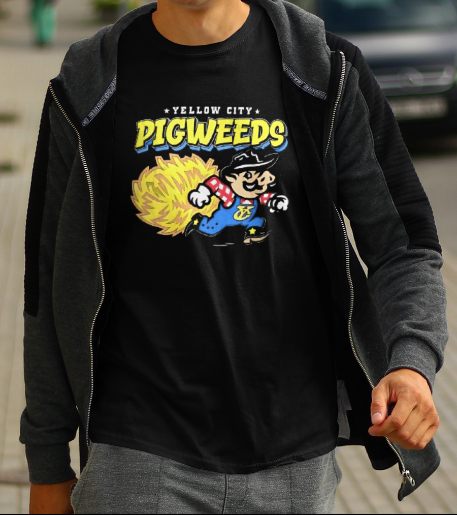 Yellow City Pigweeds Cartoon Cowboy Overalls Tumbleweed Running T-Shirt
