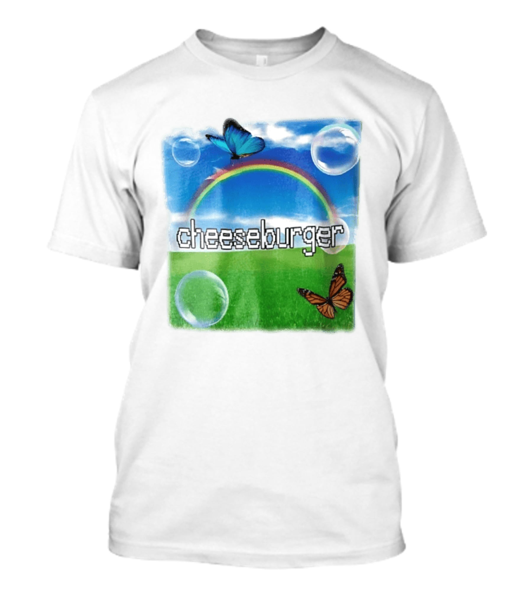 Cheeseburger Pixel Text Rainbow Butterflies Floating Bubbles T-Shirt