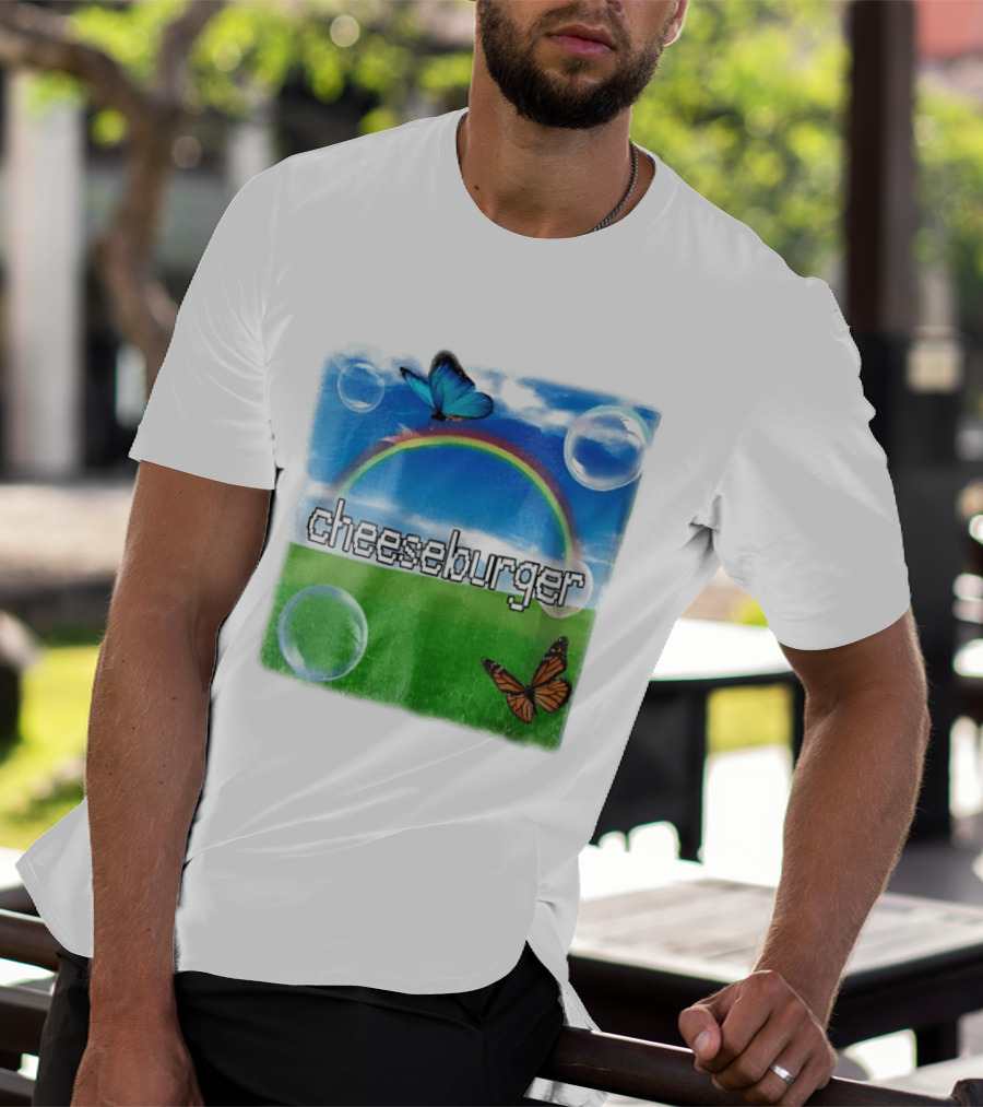Cheeseburger Pixel Text Rainbow Butterflies Floating Bubbles T-Shirt