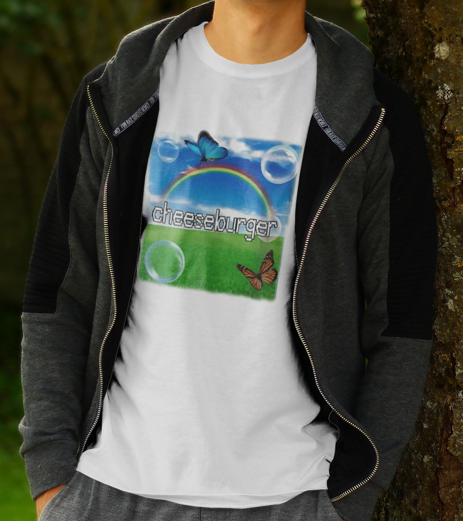 Cheeseburger Pixel Text Rainbow Butterflies Floating Bubbles T-Shirt