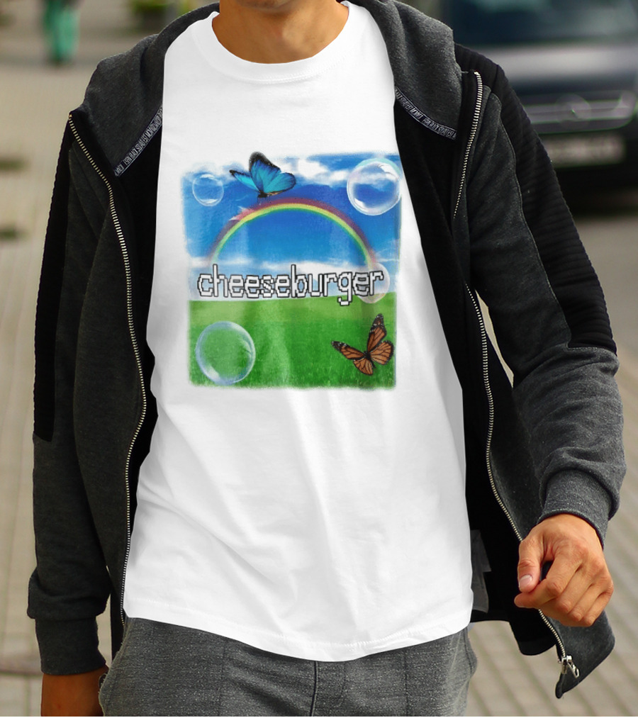 Cheeseburger Pixel Text Rainbow Butterflies Floating Bubbles T-Shirt