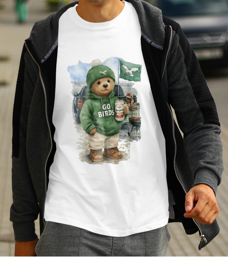 Philadelphia Eagles Go Birds Yuengling Lager Tailgate Teddy Bear Watercolor Truck Scene T-Shirt