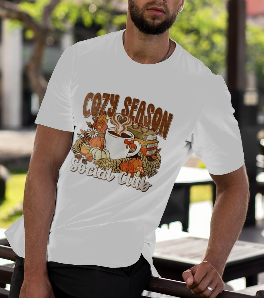 Cozy Season Social Club Coffee Books Pumpkins Knitted Blanket Autumn Vibes T-Shirt