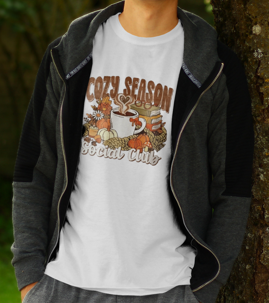 Cozy Season Social Club Coffee Books Pumpkins Knitted Blanket Autumn Vibes T-Shirt