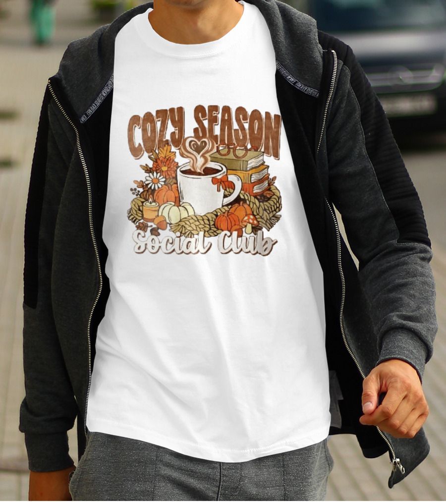 Cozy Season Social Club Coffee Books Pumpkins Knitted Blanket Autumn Vibes T-Shirt