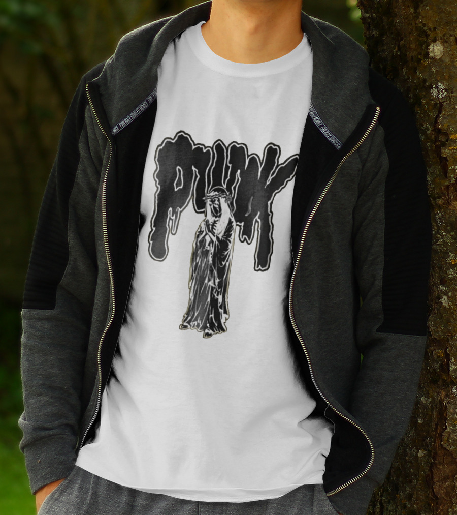 Punk Dripping Hooded Skeleton Praying Crown Of Thorns T-Shirt