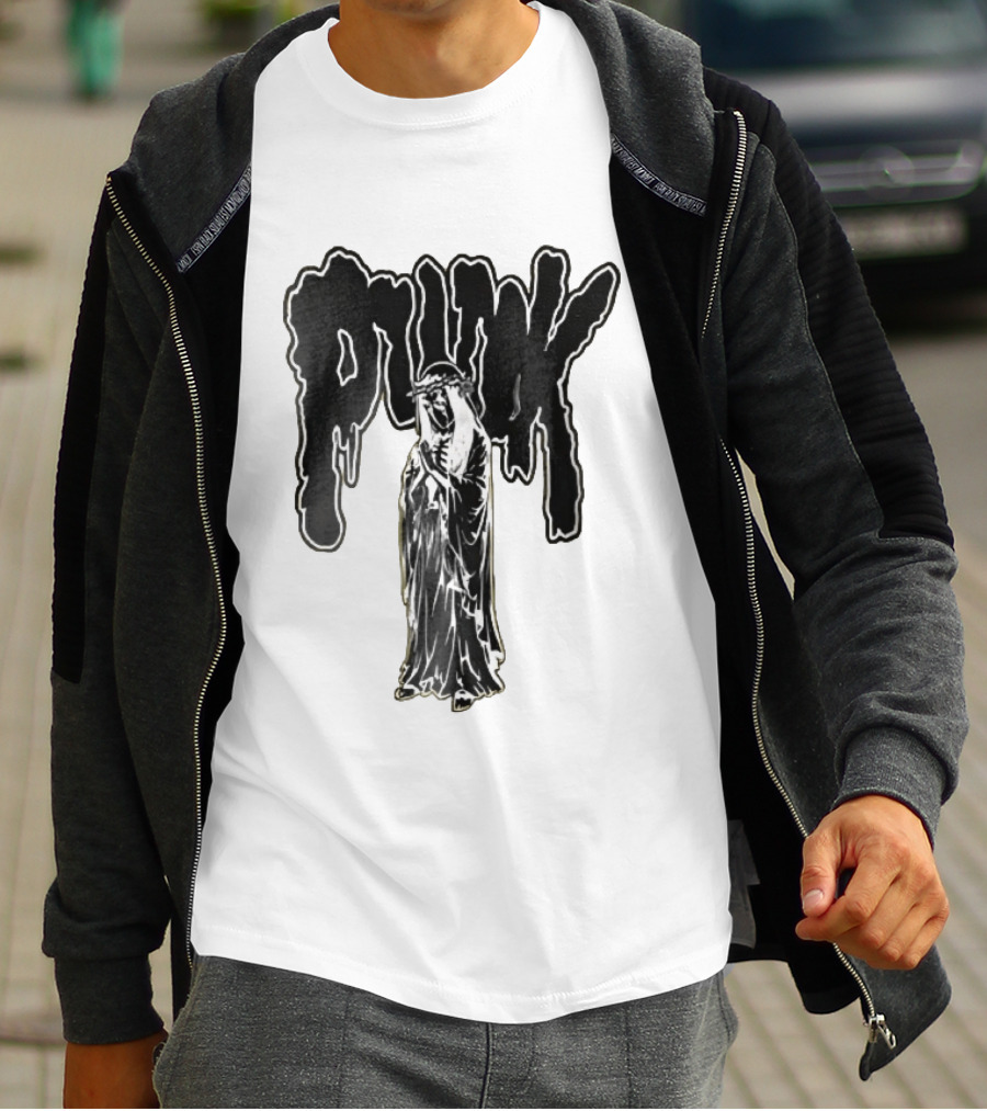 Punk Dripping Hooded Skeleton Praying Crown Of Thorns T-Shirt
