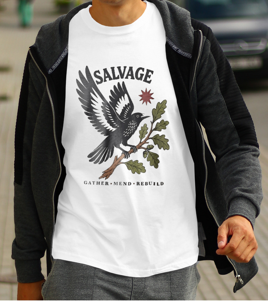 Salvage Gather Mend Rebuild Bird On Oak Branch With Acorns T-Shirt