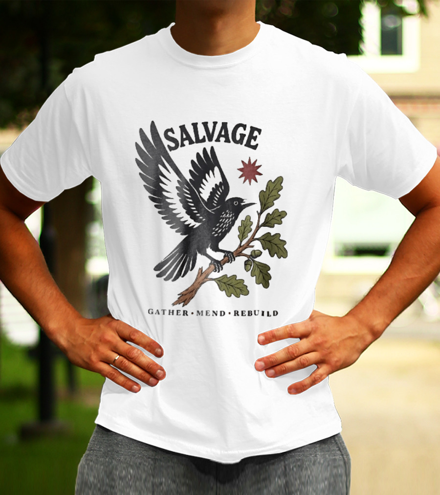 Salvage Gather Mend Rebuild Bird On Oak Branch With Acorns T-Shirt