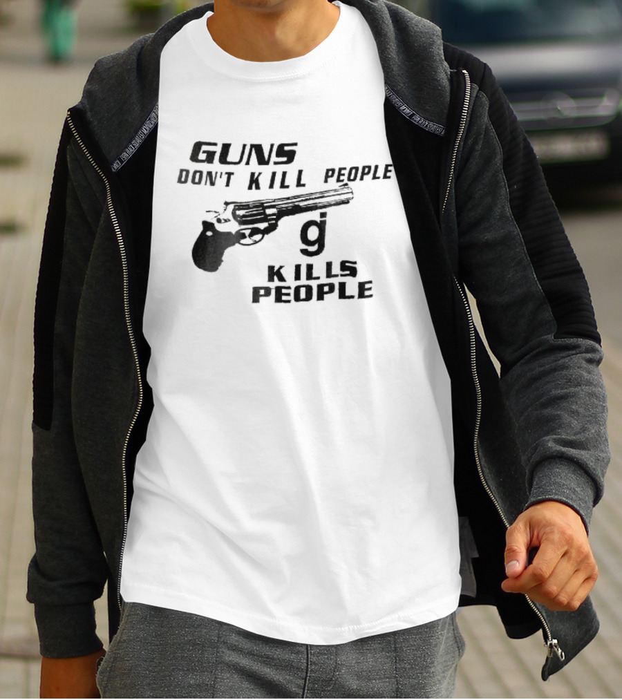 Guns Don't Kill People GJ Kills Revolver Handgun Black White Line T-Shirt