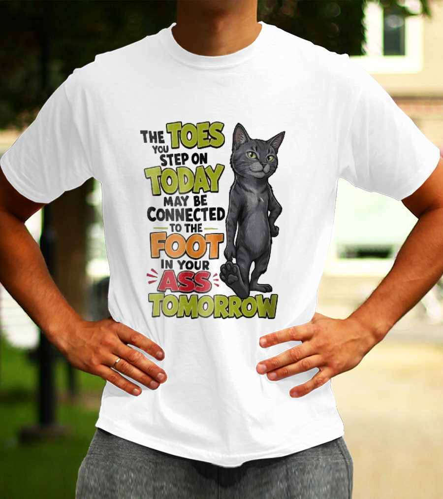 The Toes You Step On Today May Be Connected To The Foot In Your Ass Tomorrow Cartoon Grey Cat Paw T-Shirt