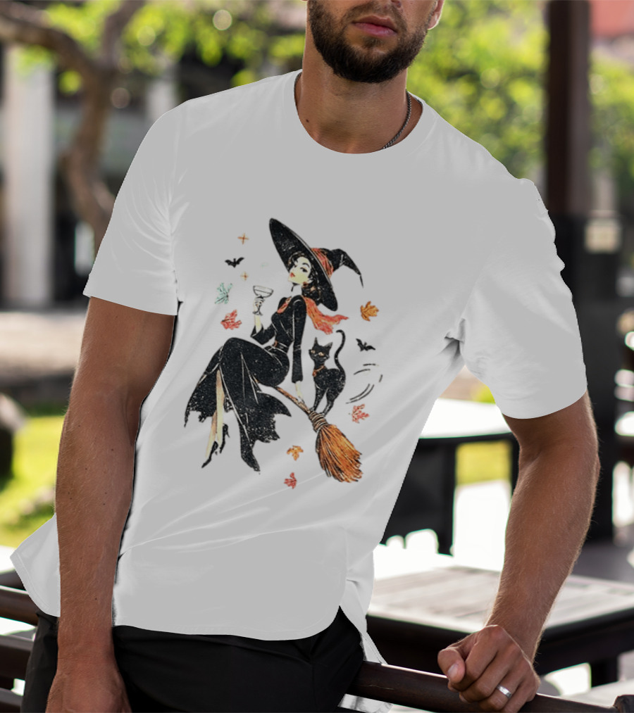 Witch Cat Ringer Spooky Fall Pumpkin Halloween Vintage Witch And Black Cat On Broomstick With Coffee Cup And Autumn Leaves T-Shirt
