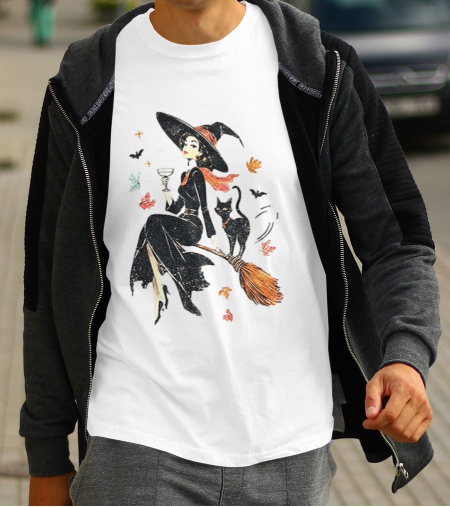 Witch Cat Ringer Spooky Fall Pumpkin Halloween Vintage Witch And Black Cat On Broomstick With Coffee Cup And Autumn Leaves T-Shirt
