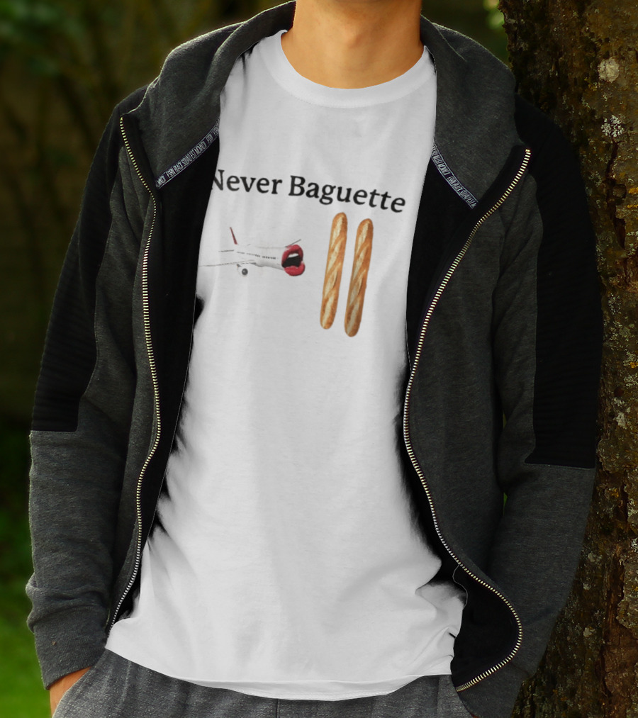 Never Baguette Airplane Red Lips Open Mouth Flying Two French Bread Loaves T-Shirt