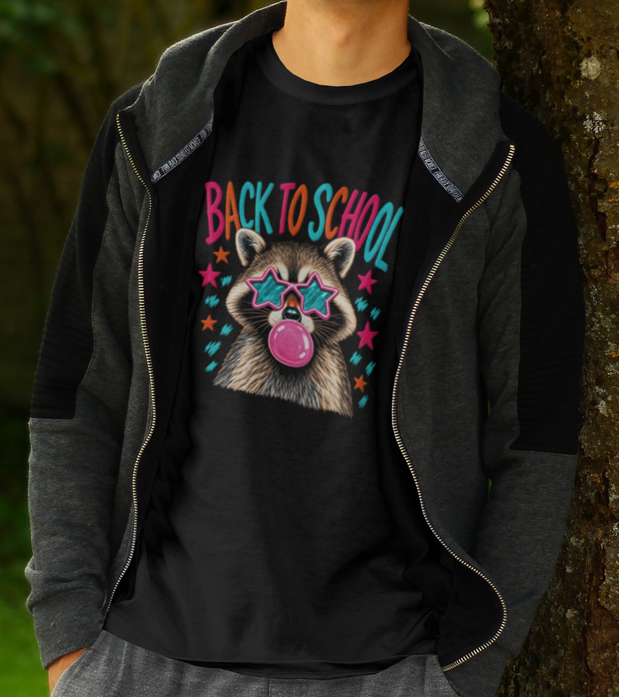 Back To School Raccoon Bubble Gum Star Sunglasses Fun Fashion T-Shirt