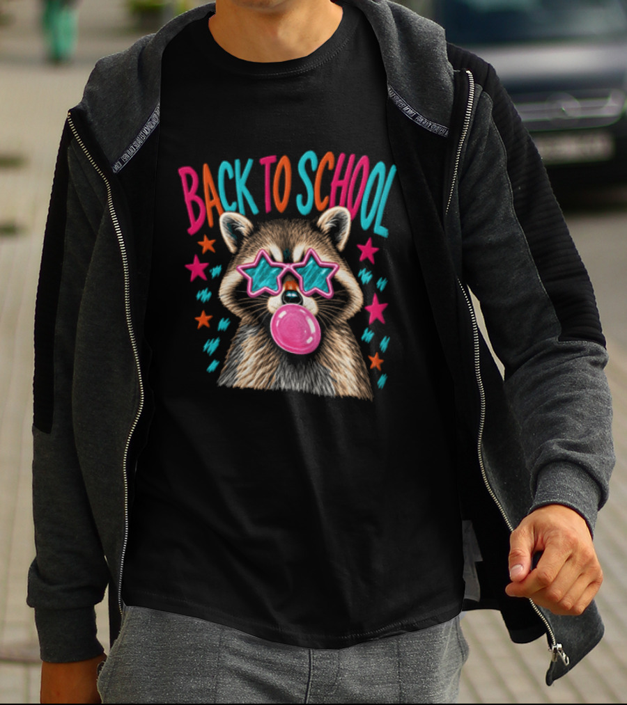 Back To School Raccoon Bubble Gum Star Sunglasses Fun Fashion T-Shirt