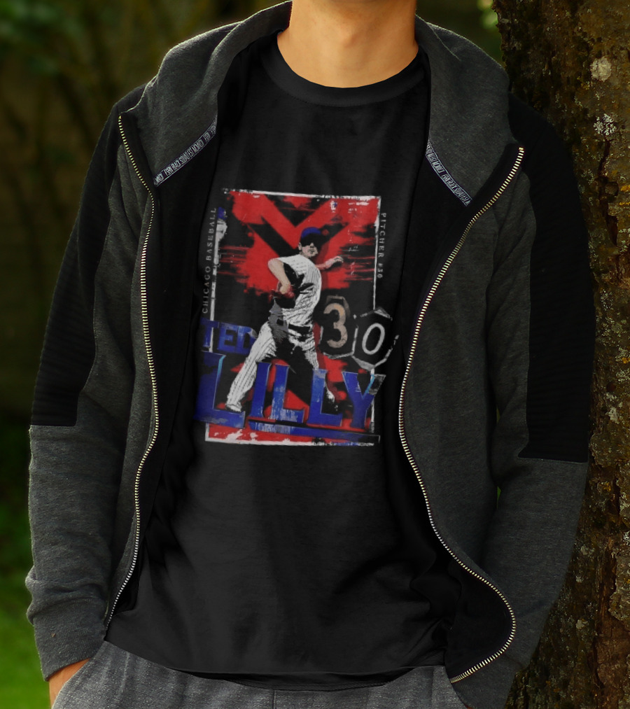 Chicago Baseball MLB Pitcher Ted Lilly 30 Distressed Red Black Collage Throwing Photo T-Shirt
