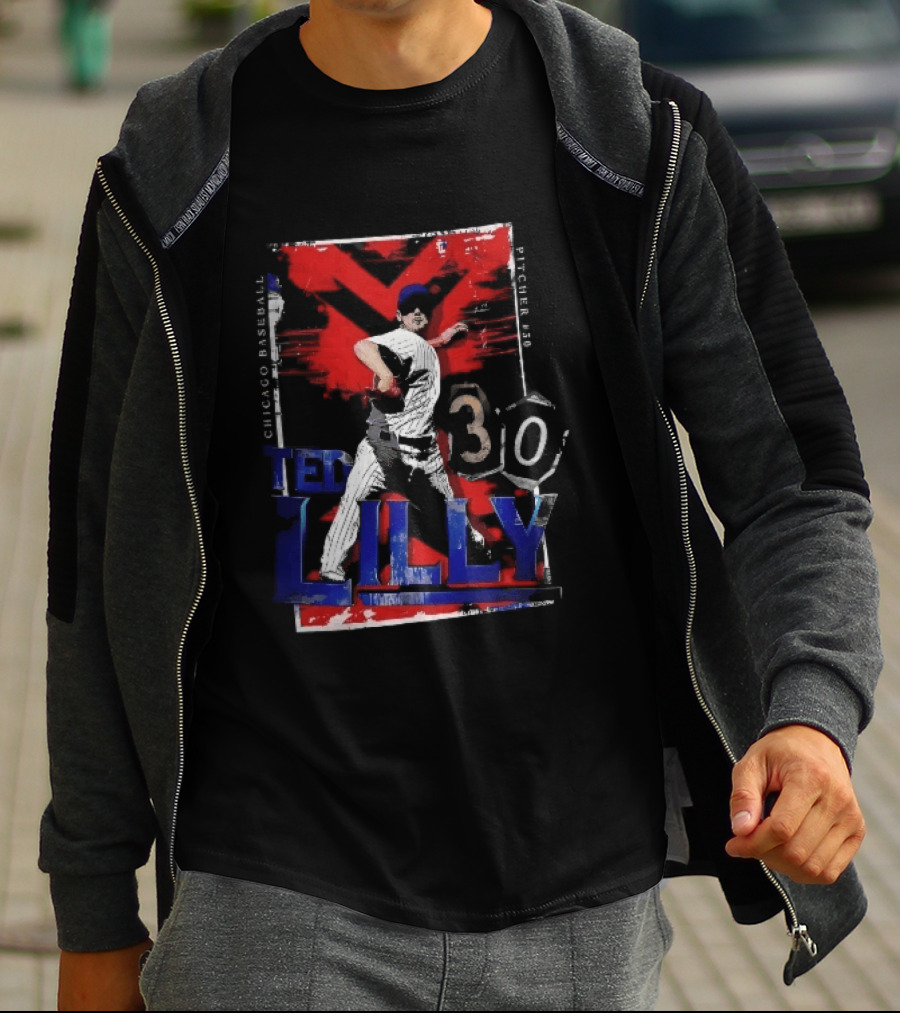 Chicago Baseball MLB Pitcher Ted Lilly 30 Distressed Red Black Collage Throwing Photo T-Shirt