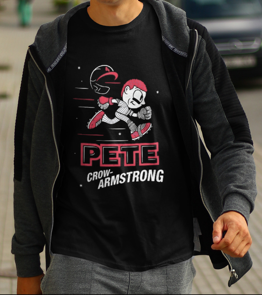 Chicago Cubs MLB Pete Crow Armstrong Cartoon Caricature Running Baseball Player Flying Helmet Stars T-Shirt