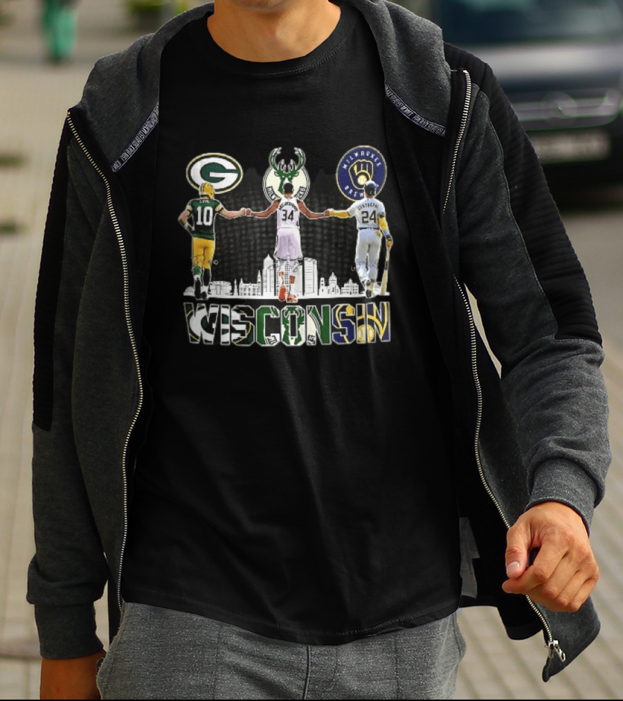 Green Bay Packers Milwaukee Bucks Brewers Wisconsin Antetokounmpo Contreras Love Skyline T-Shirt