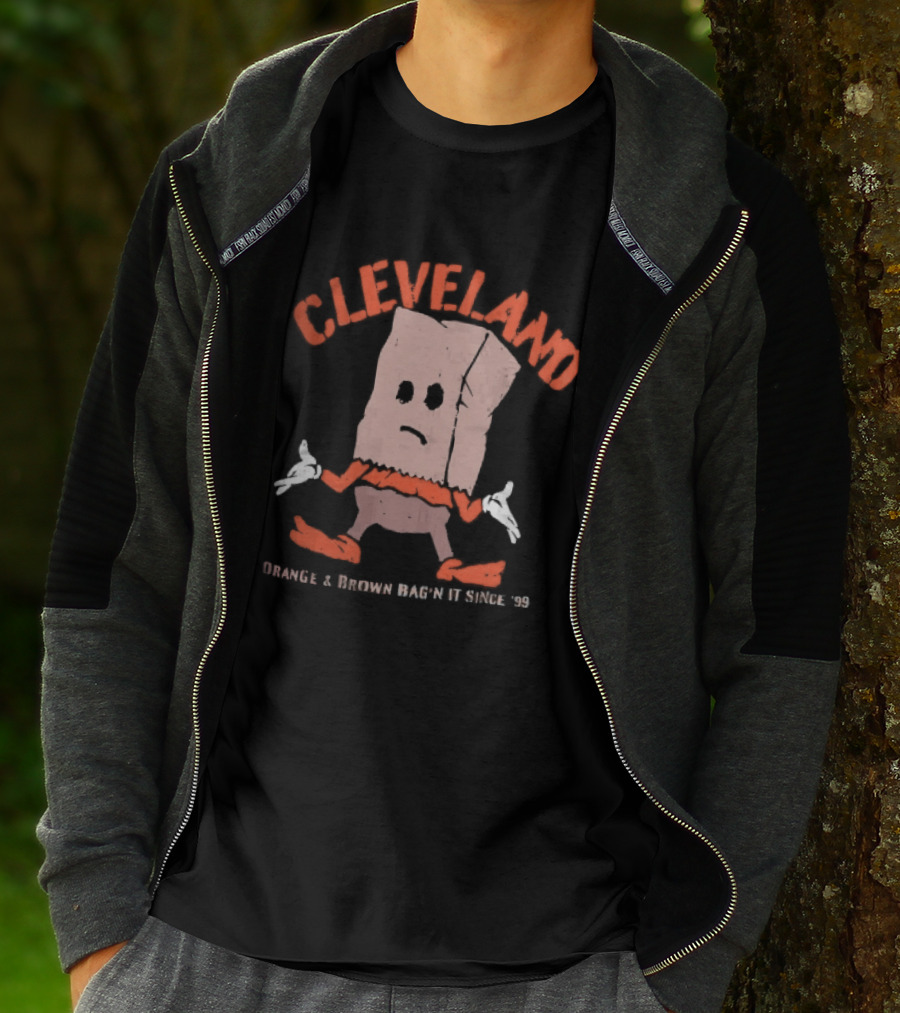 Cleveland Browns Orange Brown Bag N It Since 99 Cartoon Sack Shrugging T-Shirt