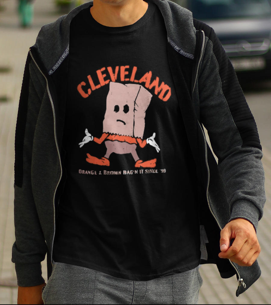 Cleveland Browns Orange Brown Bag N It Since 99 Cartoon Sack Shrugging T-Shirt