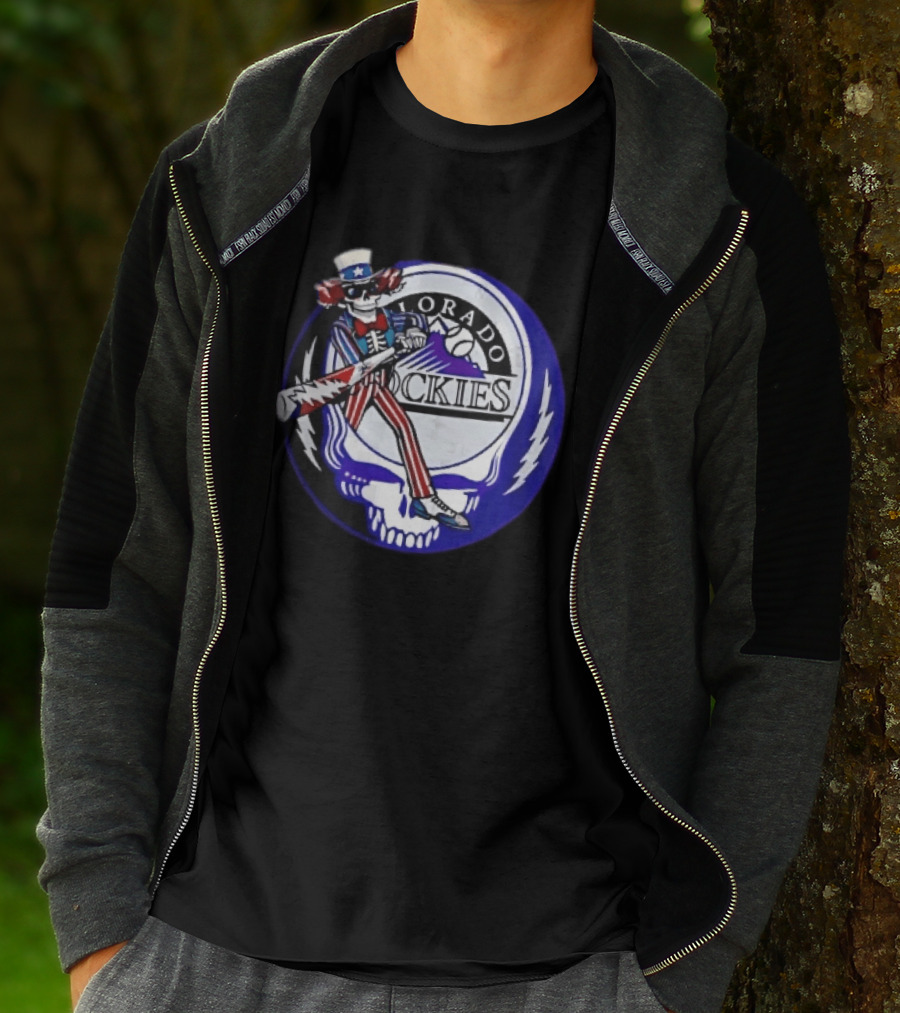 Colorado Rockies Grateful Dead Uncle Sam Skeleton Batting Lightning Stealie Skull T-Shirt