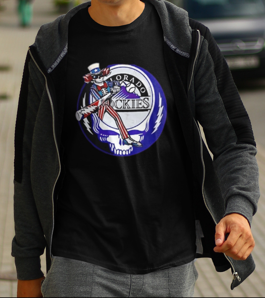Colorado Rockies Grateful Dead Uncle Sam Skeleton Batting Lightning Stealie Skull T-Shirt