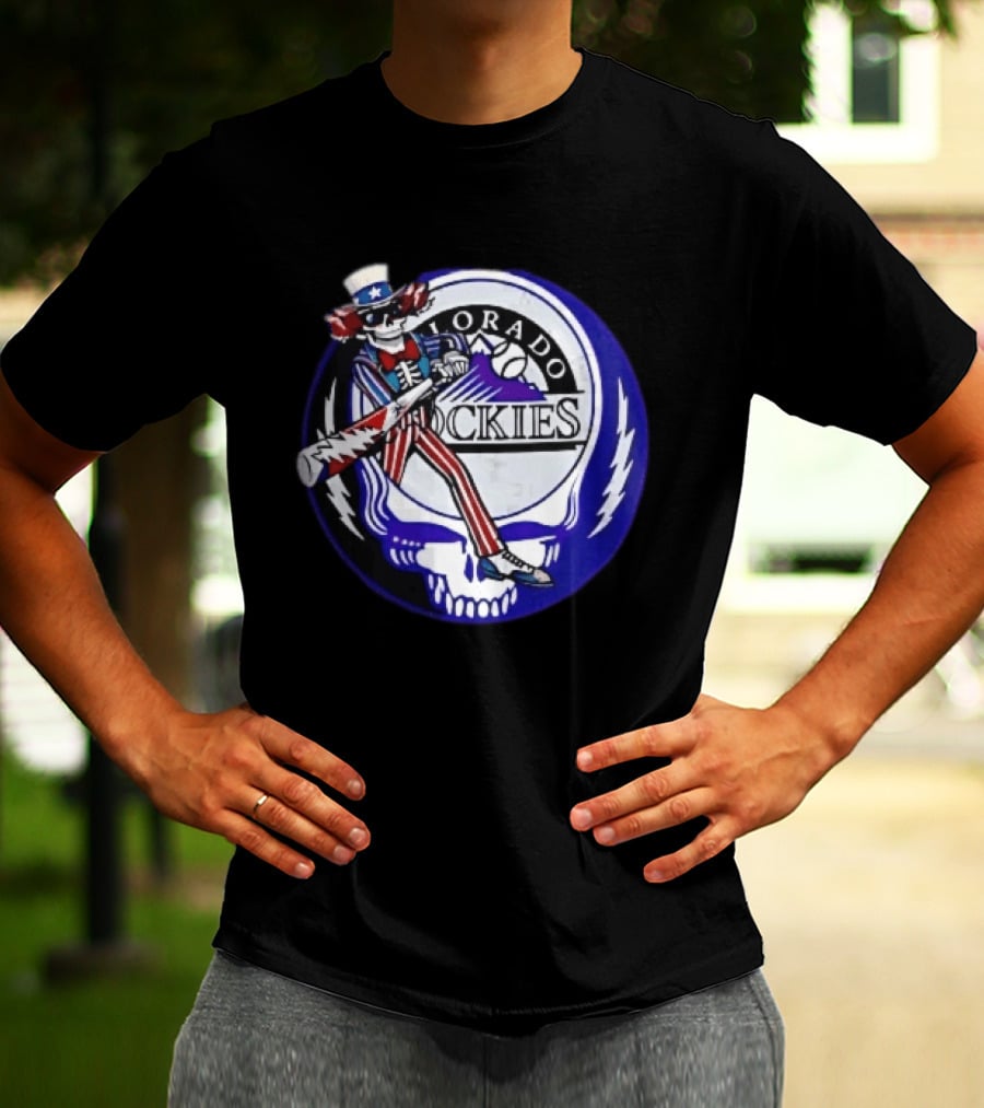 Colorado Rockies Grateful Dead Uncle Sam Skeleton Batting Lightning Stealie Skull T-Shirt
