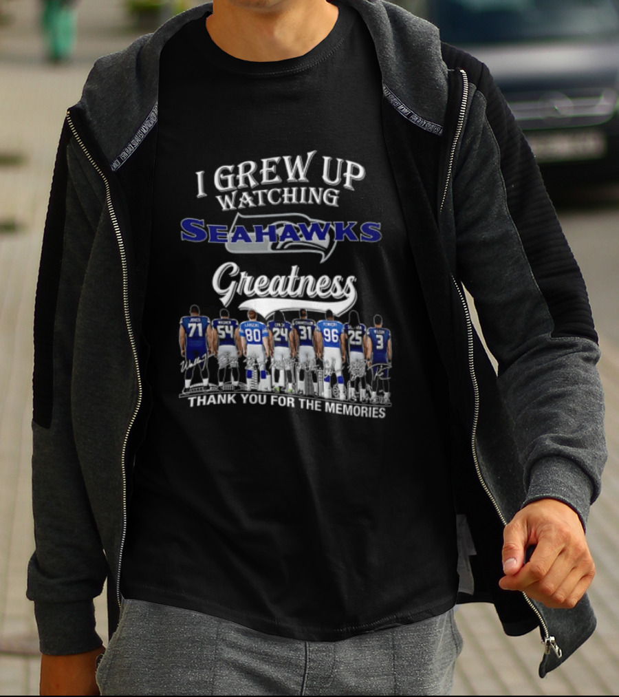 I Grew Up Ing Seahawks Greatness Thank You For The Memories Jones Engram Largent Alexander Wilson Kennedy Griffith T-Shirt