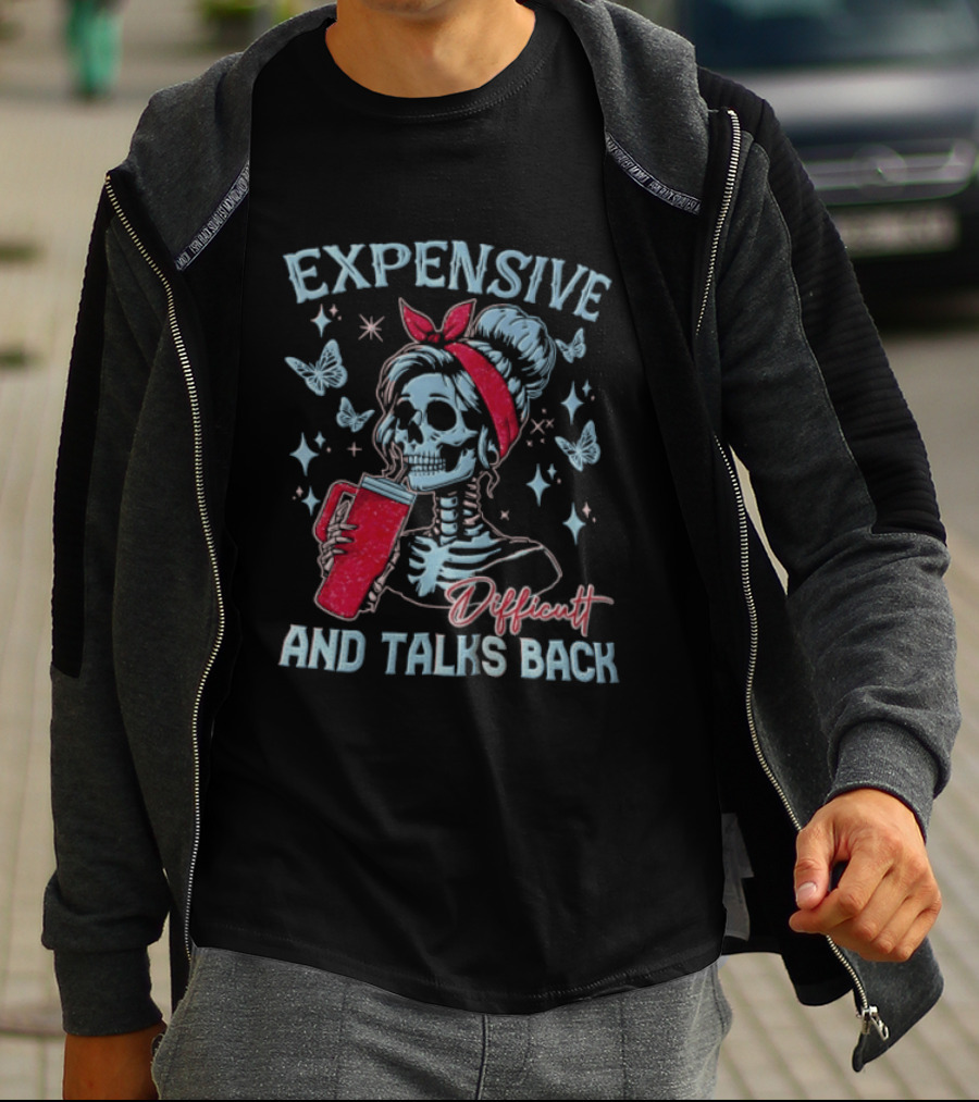 Expensive Difficult And Talks Back Skeleton With Glitter Tumbler Butterflies Stars Red Bandana T-Shirt