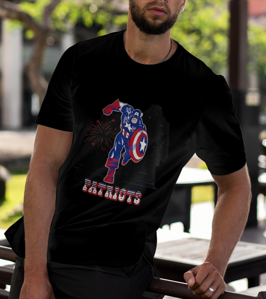Patriots Captain America Shield Fireworks Cartoon T-Shirt