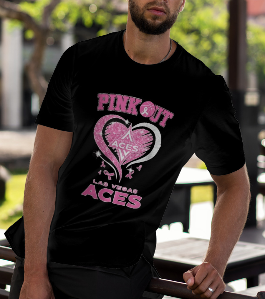 Las Vegas Aces Pink Out Glitter Heart Breast Cancer Awareness Ribbons WNBA T-Shirt