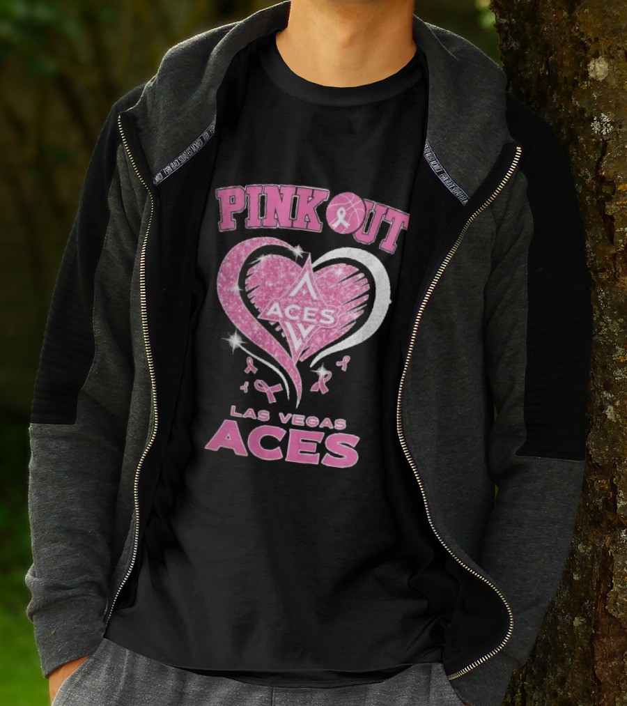Las Vegas Aces Pink Out Glitter Heart Breast Cancer Awareness Ribbons WNBA T-Shirt