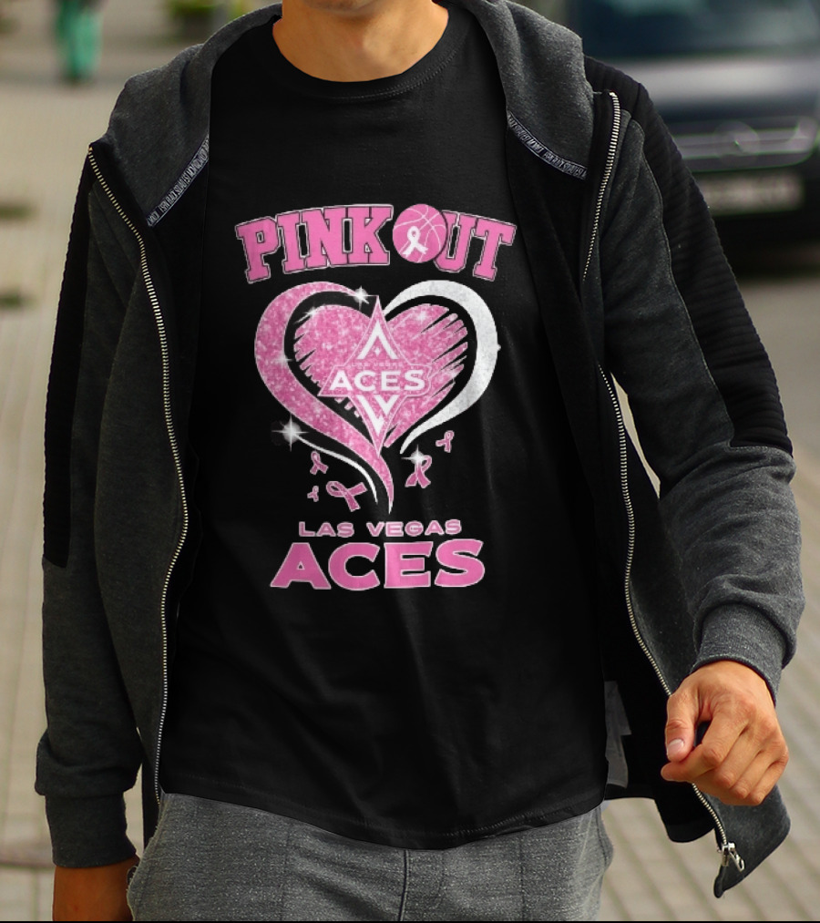 Las Vegas Aces Pink Out Glitter Heart Breast Cancer Awareness Ribbons WNBA T-Shirt