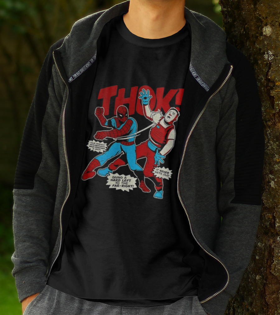 Spider Man Thok Giving A Hard Left To The Far Right Nazi Puncher Comic T-Shirt