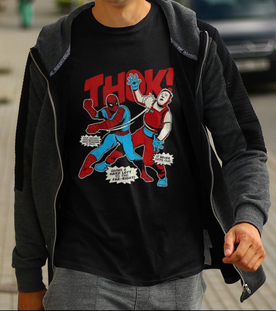 Spider Man Thok Giving A Hard Left To The Far Right Nazi Puncher Comic T-Shirt