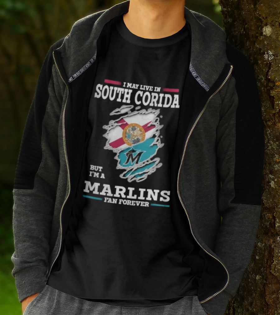 I May Live In South Corida But I'm A Marlins Fan Forever Florida State Flag Ripped Effect T-Shirt