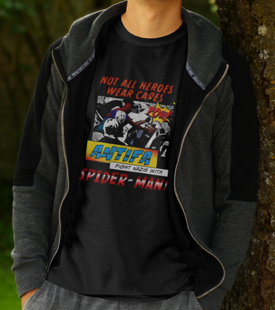 Not All Heroes Wear Capes Antifa Spider Man Punches Nazi POW T-Shirt