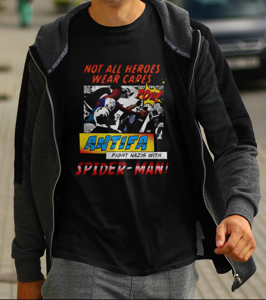 Not All Heroes Wear Capes Antifa Spider Man Punches Nazi POW T-Shirt