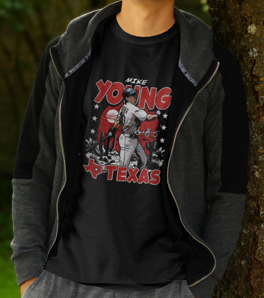 Texas Rangers MLB Mike Young Batting Cactus Red Sunset Stars T-Shirt