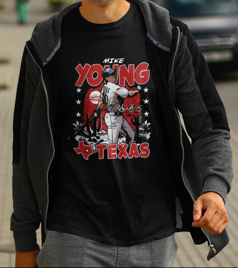 Texas Rangers MLB Mike Young Batting Cactus Red Sunset Stars T-Shirt
