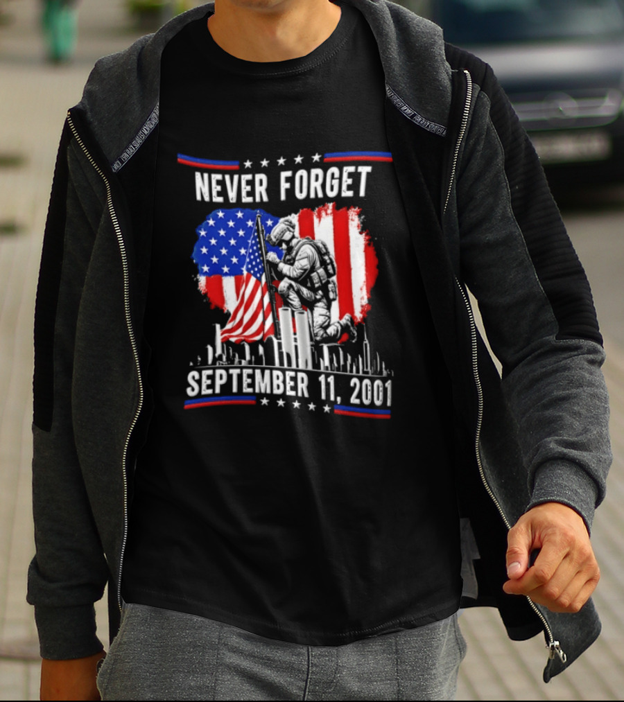 Never Forget September 11 2001 Soldier American Flag Memorial T-Shirt
