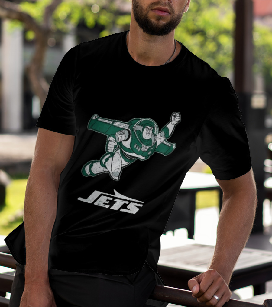 Buzz Lightyear Flying New York Jets Distressed Cartoon T-Shirt