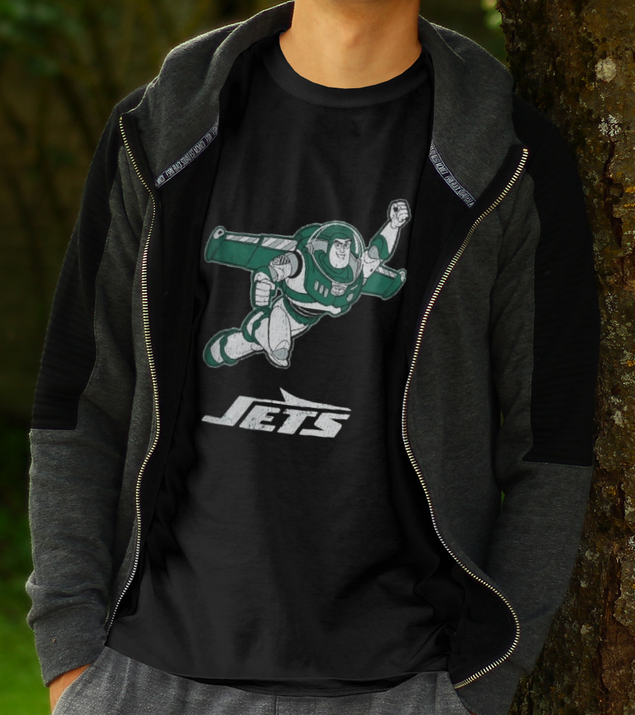 Buzz Lightyear Flying New York Jets Distressed Cartoon T-Shirt