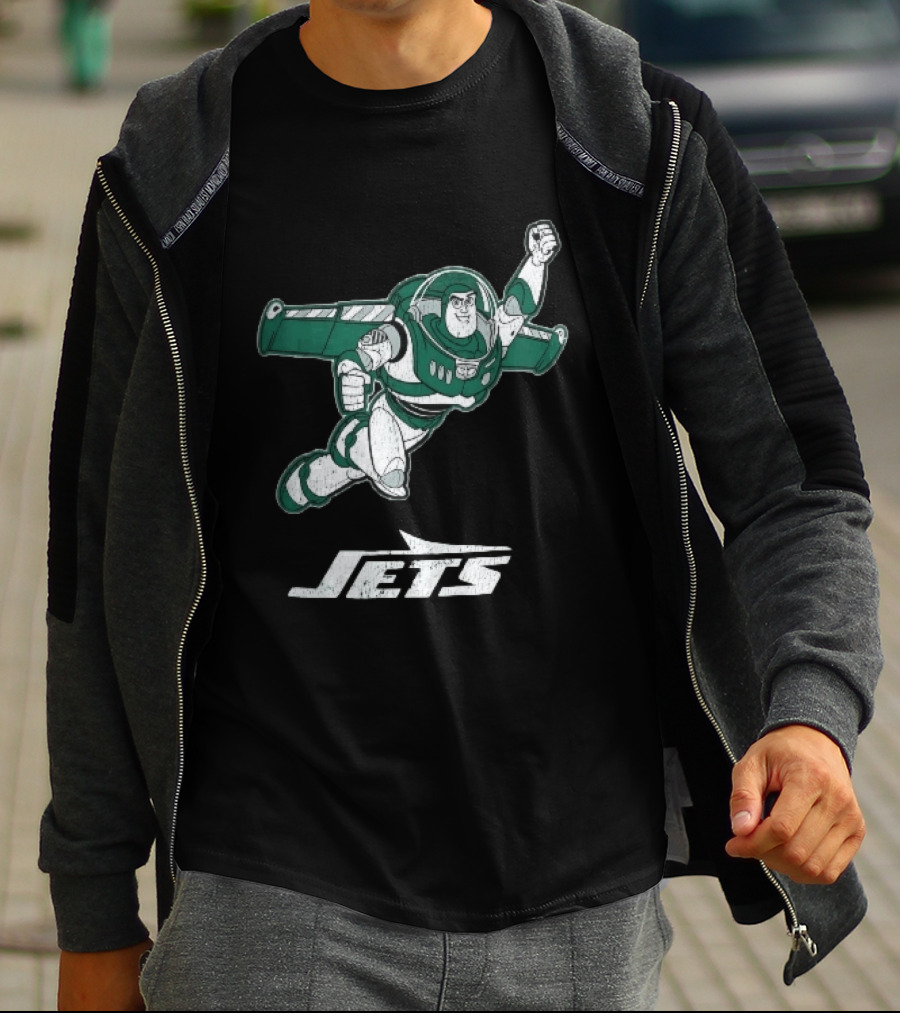 Buzz Lightyear Flying New York Jets Distressed Cartoon T-Shirt