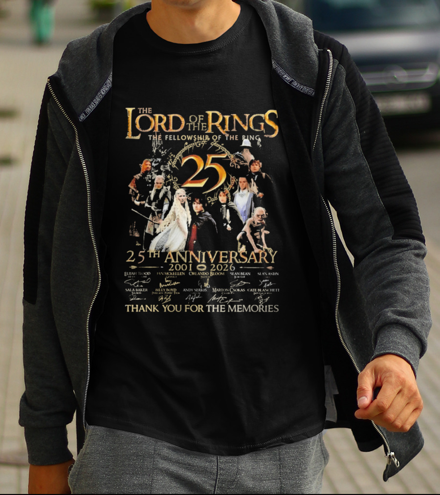 The Lord Of The Rings The Fellowship Of The Ring 25th Anniversary 2001 2026 Thank You For The Memories Elijah Wood Ian McKellen Orlando Bloom T-Shirt