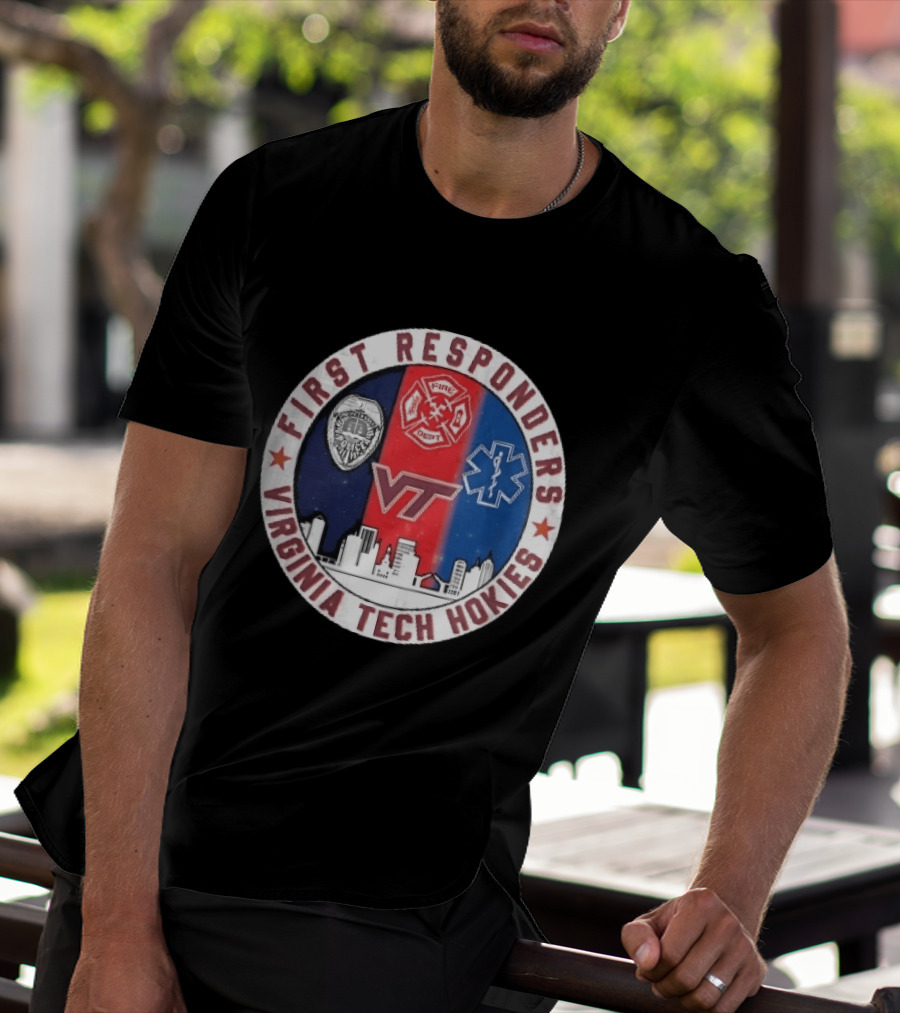 Virginia Tech Hokies First Responders Police Fire Dept EMS Star Skyline T-Shirt
