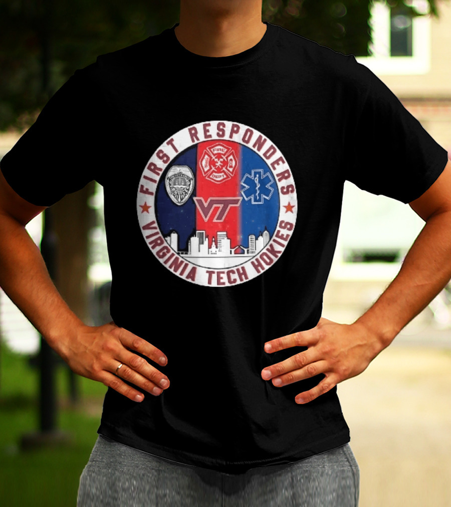 Virginia Tech Hokies First Responders Police Fire Dept EMS Star Skyline T-Shirt